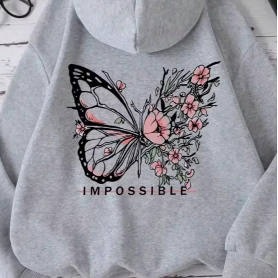 Moletom Canguru Feminino Borboleta Floral Estampado Flanelado Casaco com Capuz Oversized
