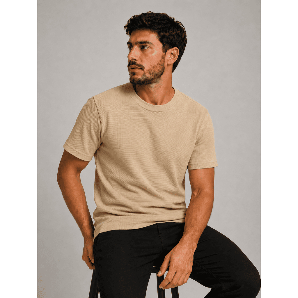 Camiseta Masculina Canelada Gola Redonda Manga Curta Confortável Básica