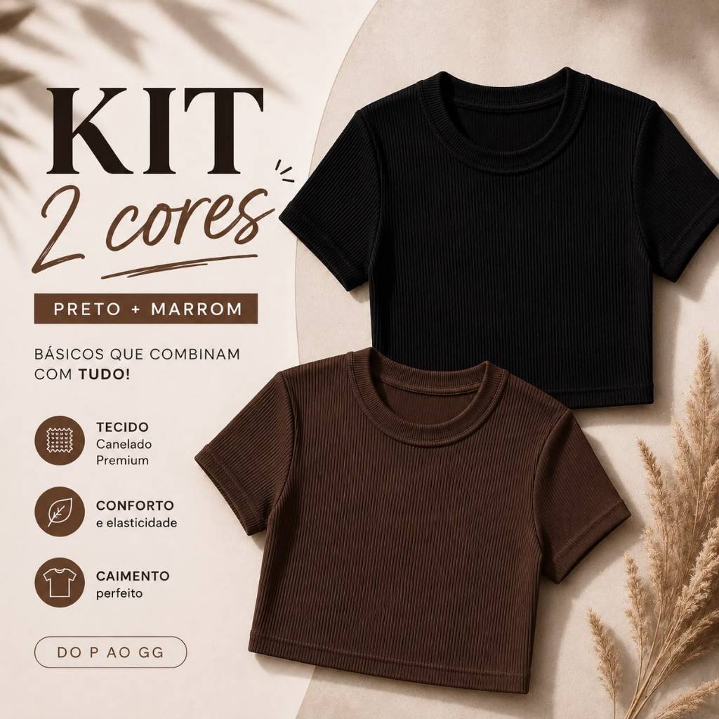 Kit 2 Cropped de Manguinha Feminino Canelado Básica Ribana Canelada algodão Verão Tendência Opção De Cores Academia