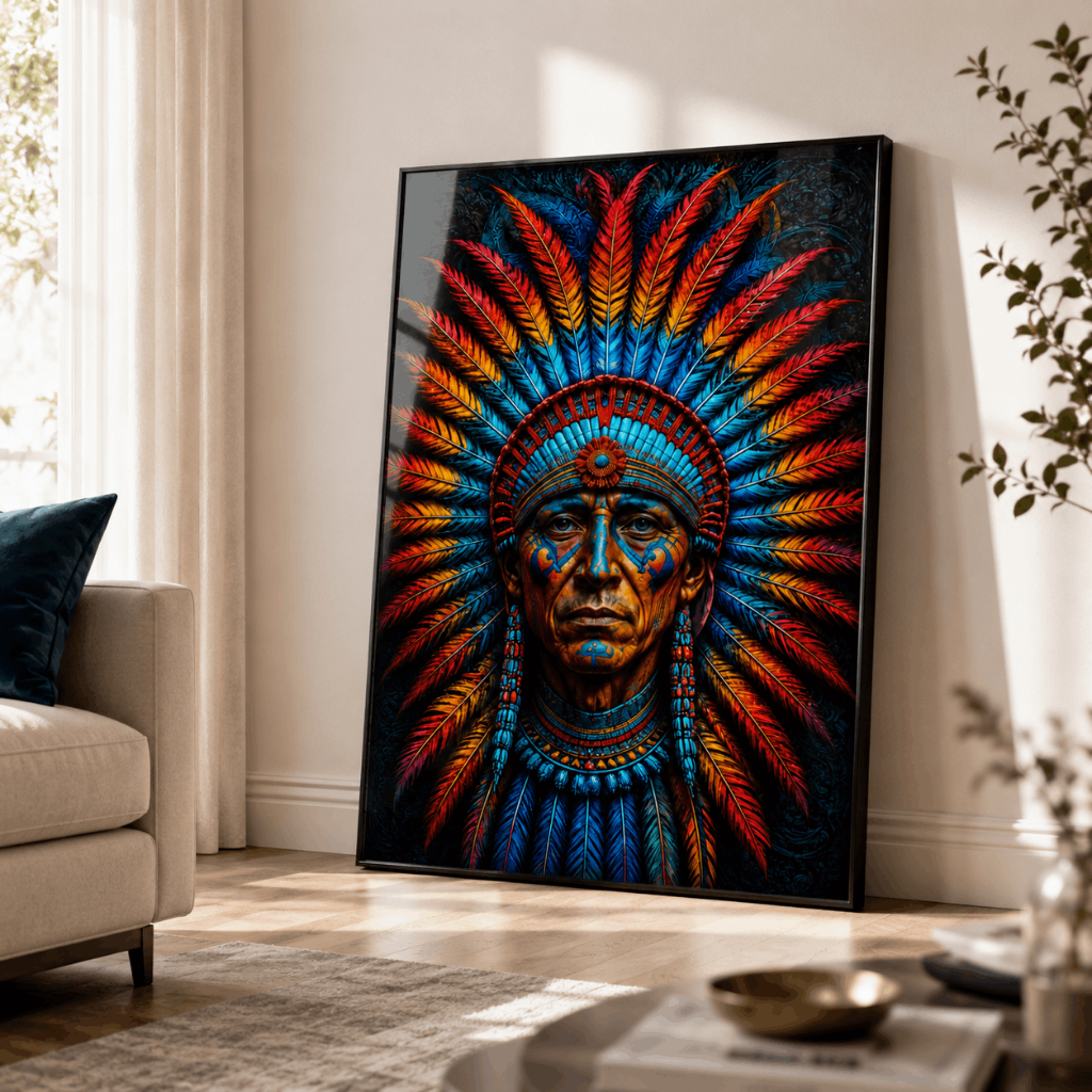 Quadro Decorativo Indígena Cocar Colorido Arte Tribal para Sala Quarto Escritório e Espaço Étnico