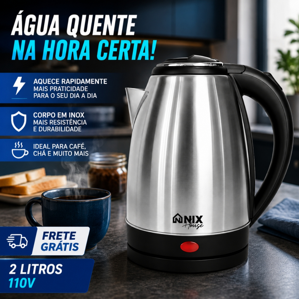 Chaleira Elétrica Jarra Café Chá Inox 110v 2 Litros Alça Térmica Botão Liga e Desliga Resistente