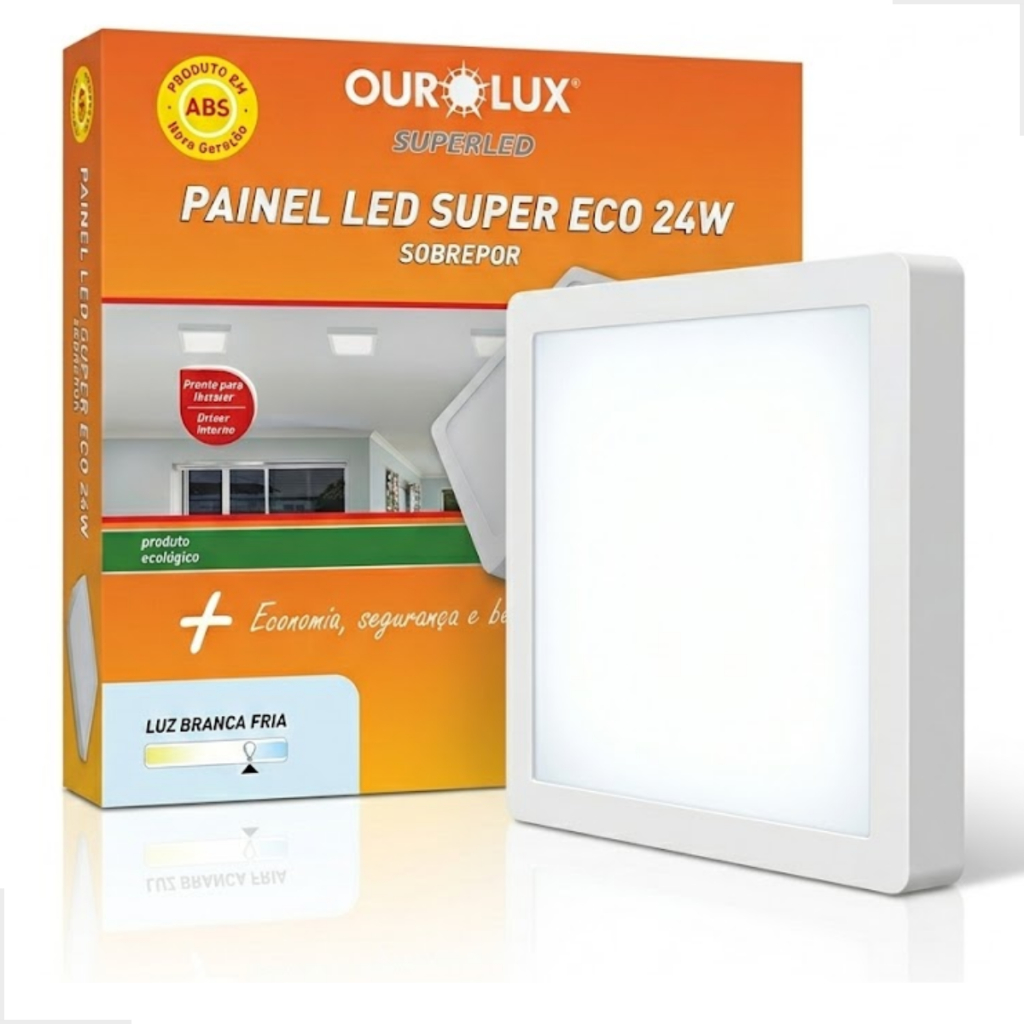Painel Luminária Paflon De Led Quadrado Sobrepor 24w 6500k Ourolux Sala Cozinha Fora Conforto Forte