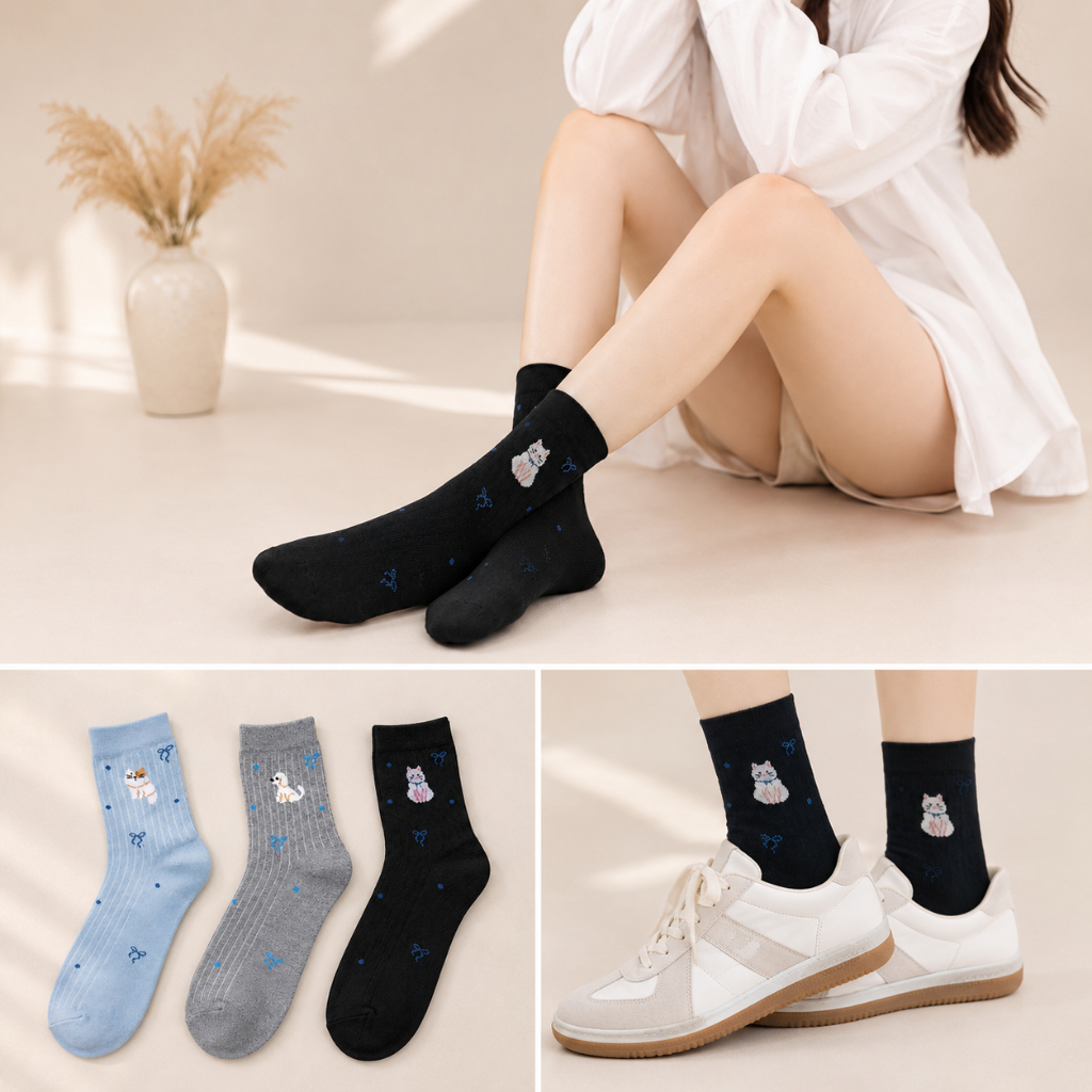 Kit 12 Pares De Meias Cano Alto Estampada Laço E Bichinhos Fofos