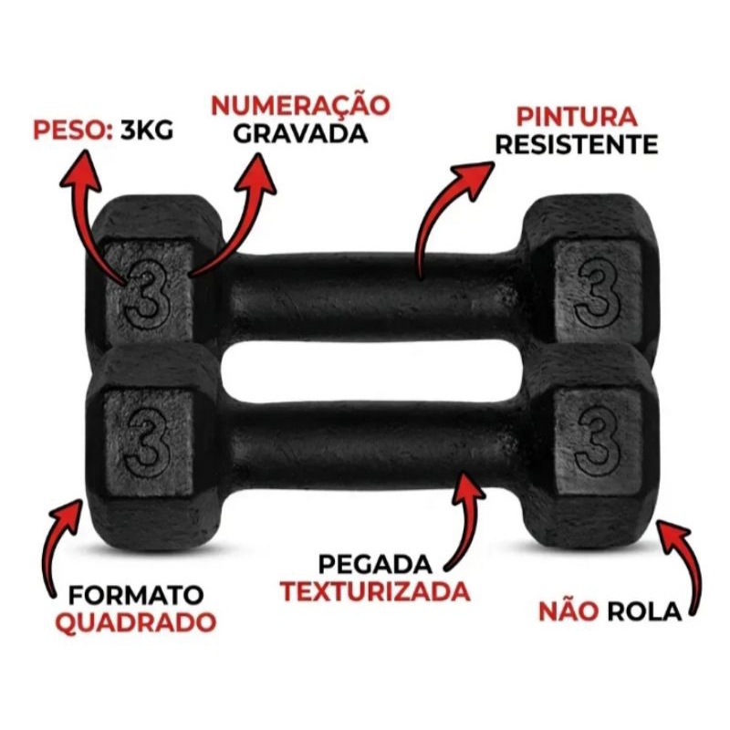 2 unidades Halteres Sextavados 1kg, 2 kg ou 3 kg de Ferro Fundido para Treino em Casa ou Academia