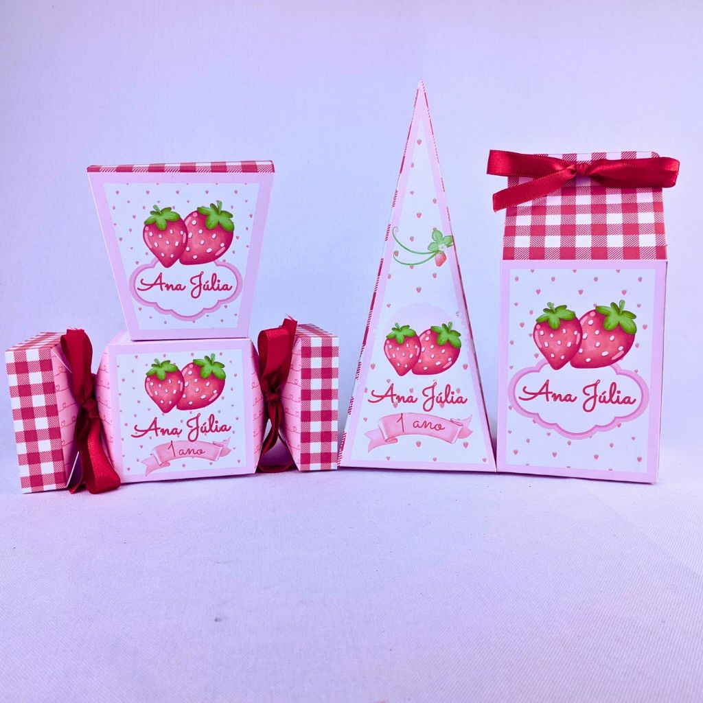 Kit 10 a 45 Caixinhas Personalizadas Lembrancinhas Morango Moranguinho Para Festa Aniversario Festinha