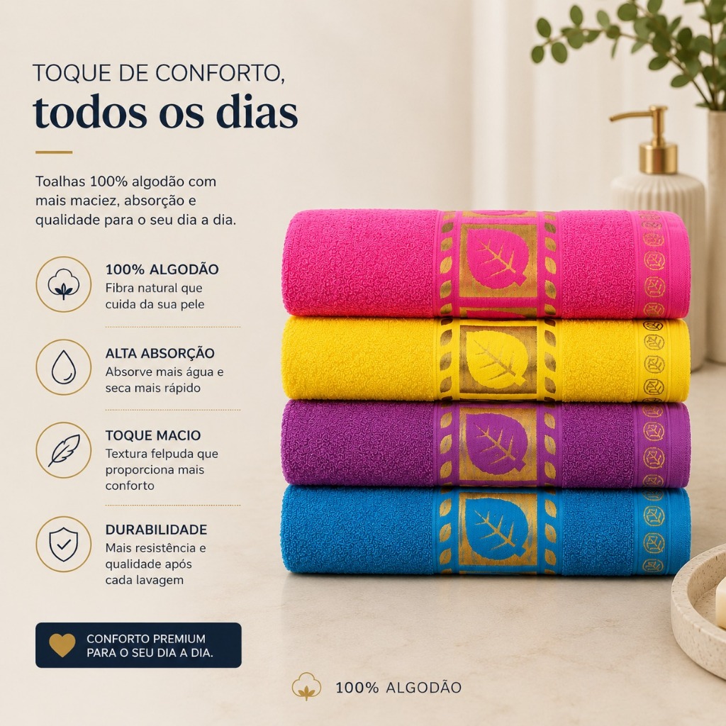KIT 3 Toalhas de Banho 100% Algodão Folhas Douradas Chique Luxuoso — imagem 2 de 2