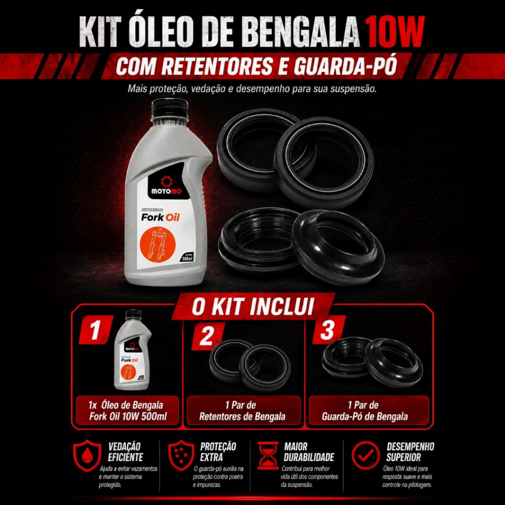 Retentor Bengala + Guarda Pó + Óleo Bengala Fork Oil 10w 500ml Shineray Urban150 — imagem 2 de 2