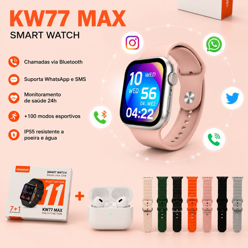 Smartwatch KW77 Max + fone original Chamadas via Bluetooth e alertas de WhatsApp Kit presente