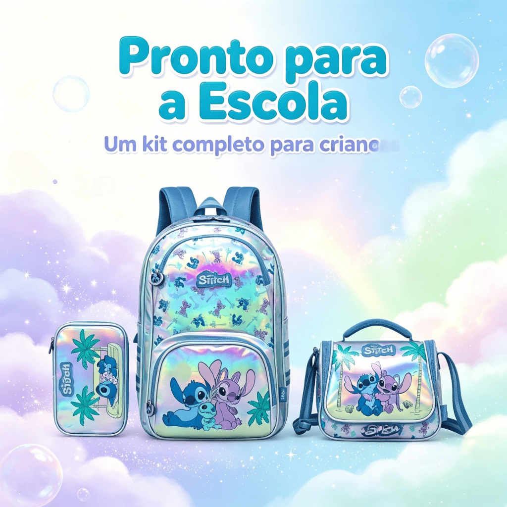 Kit Mochila Stitch Disney Infantil Escolar com Lancheira e Estojo