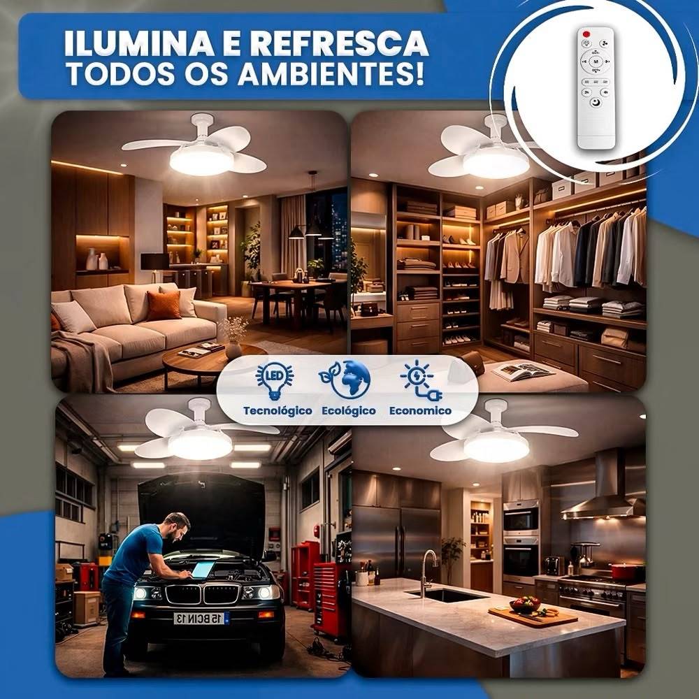 Ventilador de Teto Retrátil Luz Ajustável Silencioso Com Controle Remoto Moderno. — imagem 2 de 2