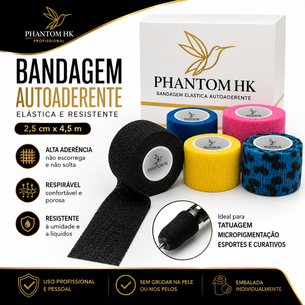Bandagem Elástica Autoaderente Phantom HK 2,5cm x 4,5m Tattoo Micropigmentação Esporte Curativo Anvisa