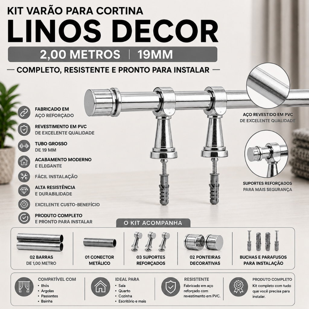 Varao Cortina 2 mts 19mm Cromado Sala Quarto Cozinha Janela