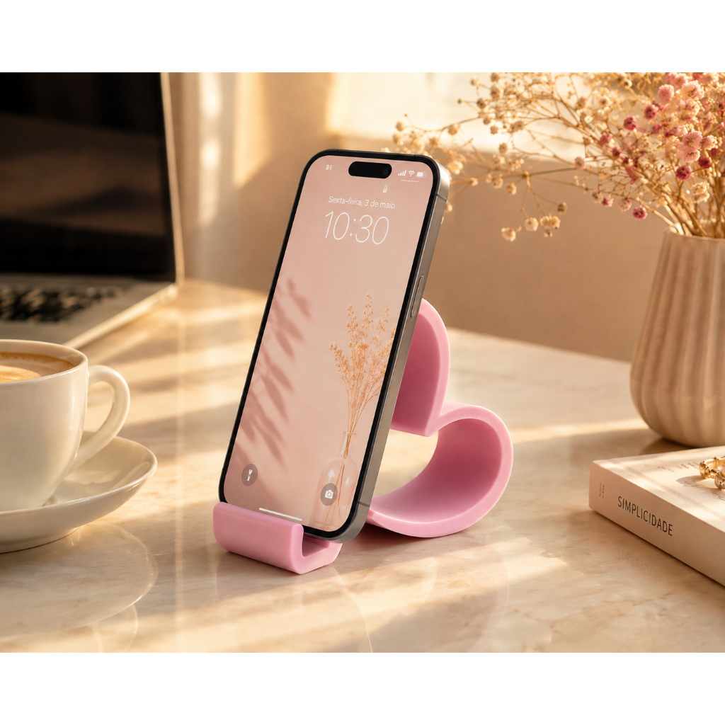 Suporte para Celular de Mesa Coração | Porta Smartphone Universal | Assistir Vídeos, Videochamadas e Home Office