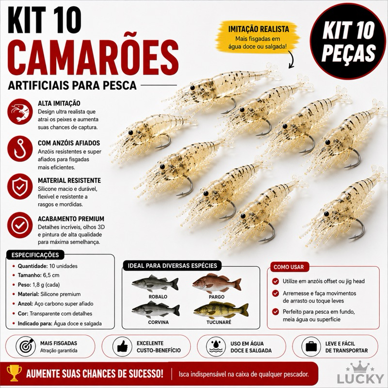 Kit 10 Iscas Artificiais Camarão de Silicone com Anzol para Pesca 4,5cm Água Doce e Salgada
