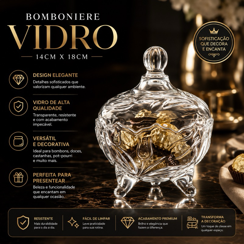 Bomboniere De Vidro Grande 400ml com Tampa Qualidade Premium Flashgoods