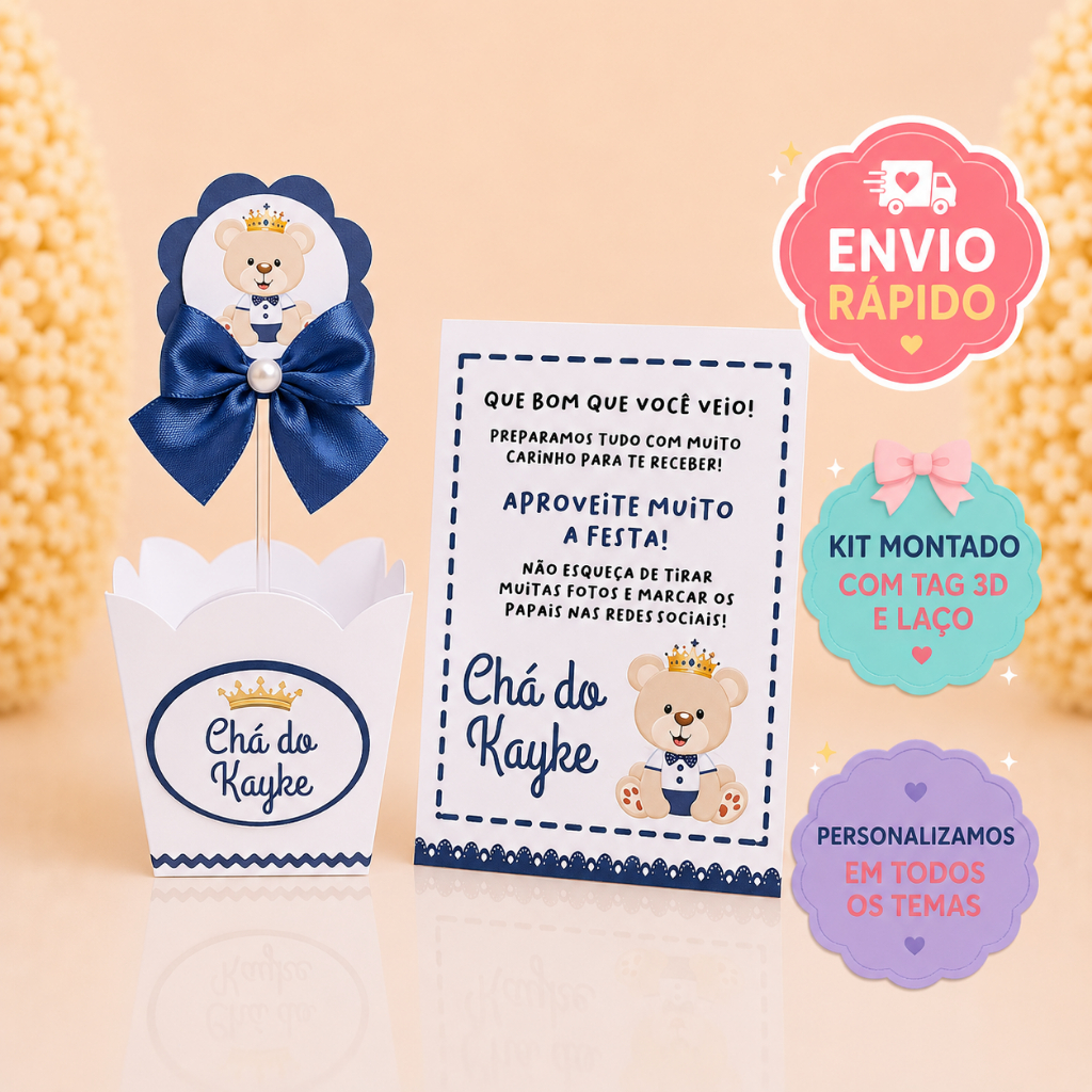 KIT CENTRO DE MESA URSINHO PRÍNCIPE, LEMBRANCINHAS CACHEPÔ,PLAQUINHA