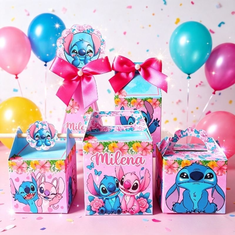 (PEGUE E MONTE) - Caixinhas Personalizadas Stitch e Angel 1 aniversário/ Decoração/Kit Lembrancinha