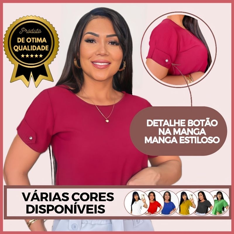 Promoção Blusa Feminina  Estilosa Tendência Duna Manga Curta Botão na Manga Não Amassa, Fresca, Confortável