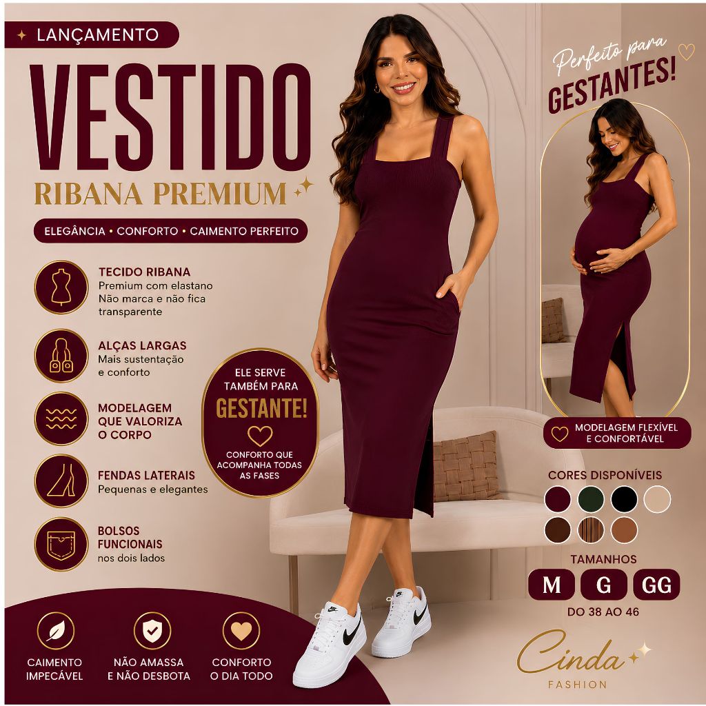 Vestido Midi Feminino para Gestante Decote Coração com Bolso e Fendas Laterais Moda Verão 2026