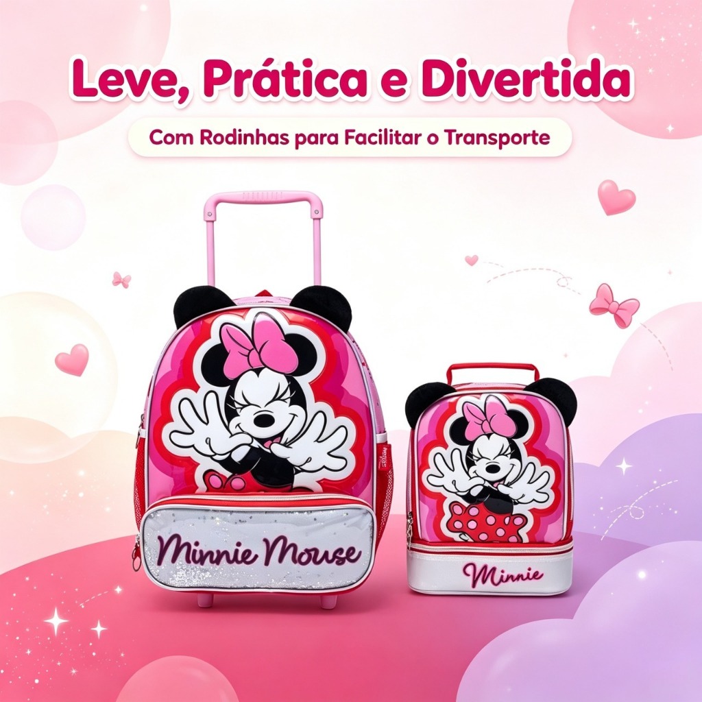 Kit Mochila Rodinhas Lancheira Estojo Minnie Pré- Escolar Infantil Menina Disney