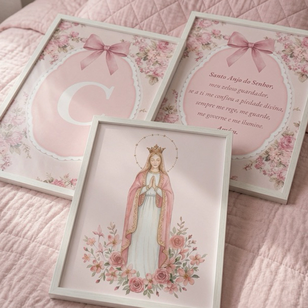 Kit 3 Quadros Decorativos Infantil Religioso Católico Personalizado Menina Santa Nossa Senhora Aparecida COM MOLDURA