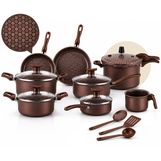 Jogo de Panelas 11 Peças Antiaderente Marrom Estampada Premium Panela de Pressão 4,3L Kit Panela Conjunto De Panela