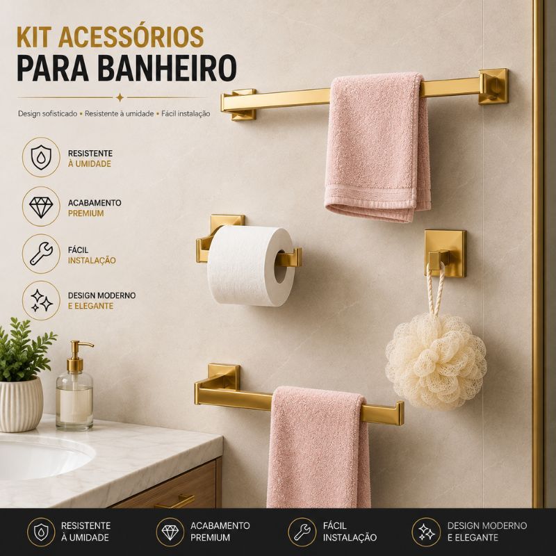 Kit 4 Banheiro Premium Inox Antiferrugem Preto/Dourado Brilhante 40/60cm