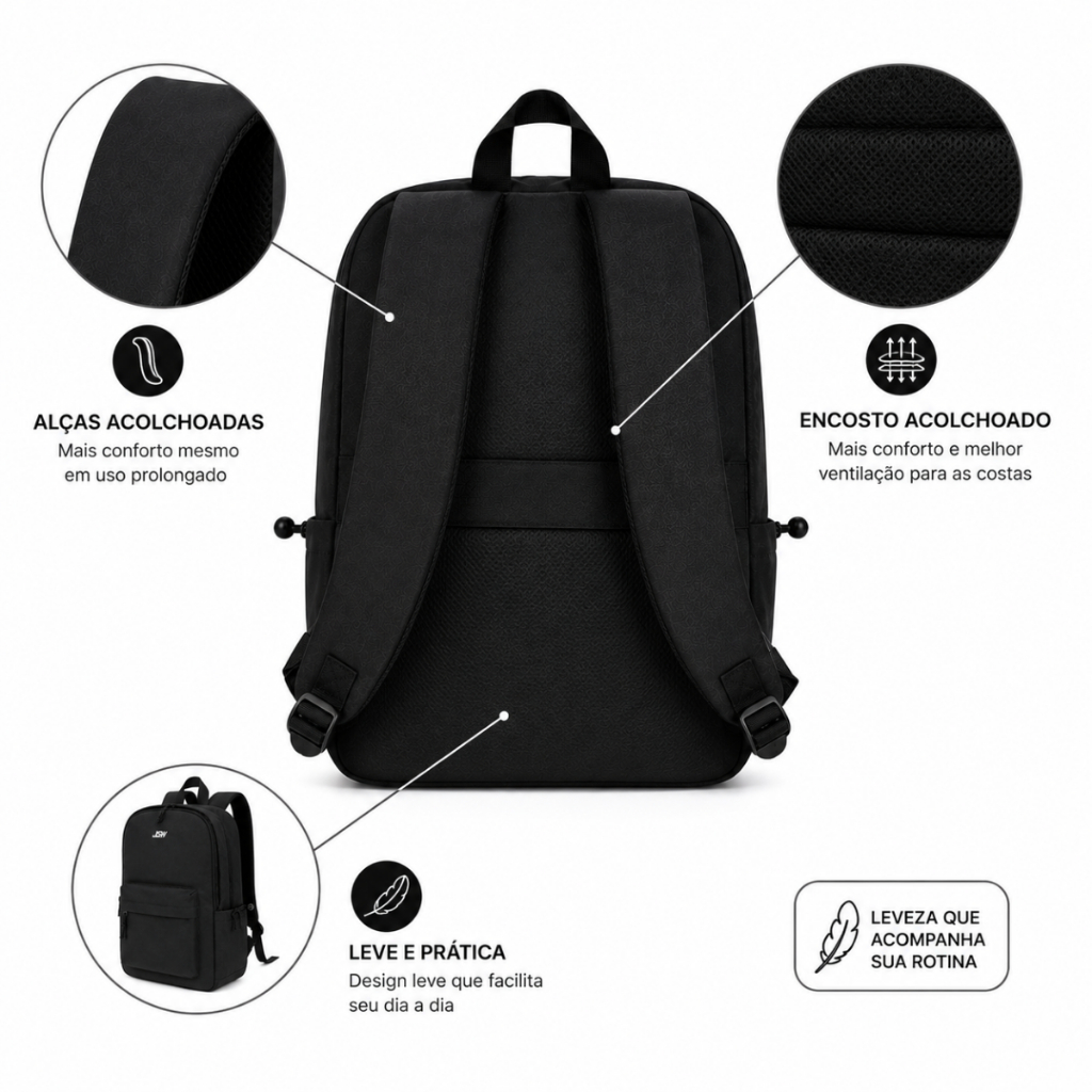 Mochila Notebook 15.6 Preta Viagem Executiva Unissex Faculdade Escolar Resistente Leve Suporte para Mala Casual · foto 2