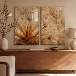 2 Quadros Decorativos Paisagem Dente de Leão Brilho Dourado com Moldura Quarto Sala Escritorio