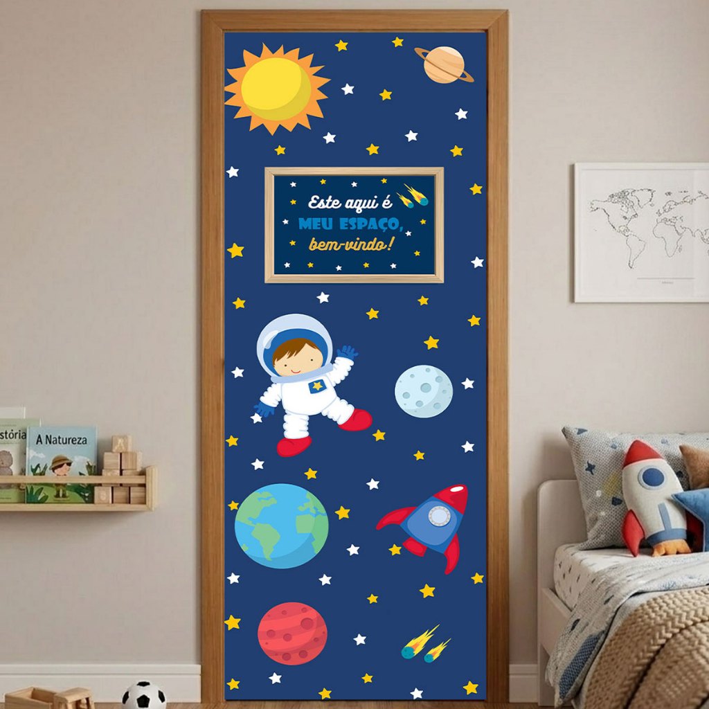 Capa de Porta Astronauta Quarto Infantil 0,80x2,10m Veste Porta Decoração Em Tecido C/Elástico