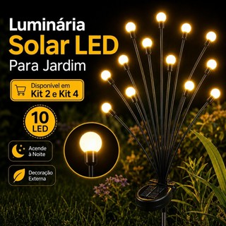 Kit 2/4 Peças Luminária Vaga-Lume Solar 10 LEDs Hastes Flexíveis para Jardim