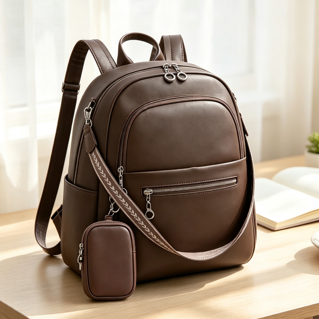 Mochila Multiuso PU Grande Capacidade Acompanhada de Mini Bolsa Compartimento Multi‑bolso para Viagem e Uso Diário