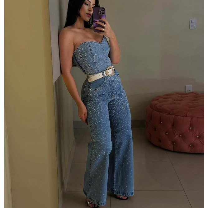 Conjunto Jeans Feminino | Top e Calça Brilho | Roupa Moda