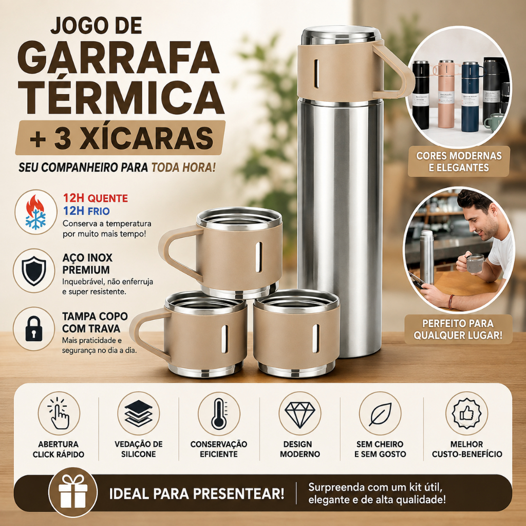 Garrafa Térmica 500ml Inox Bege + 3 Xícaras Aço Inoxidável Mantém Quente e Frio Até 12h