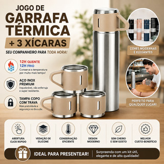 Garrafa Térmica 500ml Inox Bege + 3 Xícaras Aço Inoxidável Mantém Quente e Frio Até 12h