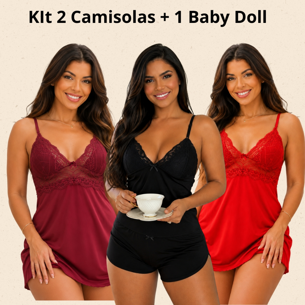 2 Camisolas +1 Short Doll Feminino Sensual + Calcinha Fio Dental Pijama Renda Luxo Roupa para dormir Baby Doll