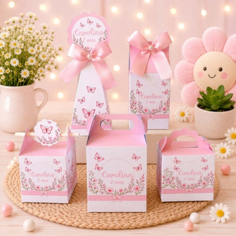(PEGUE E MONTE) - Caixinhas Personalizadas Jardim das Borboletas Rosa aniversário/Kit Lembrancinha/Decoração