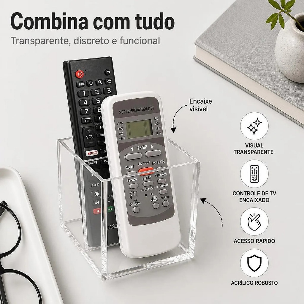 Porta Controle Remoto Duplo Acrílico Organizador de Mesa 2 Compartimentos TV Ar Condicionado — imagem 2 de 2