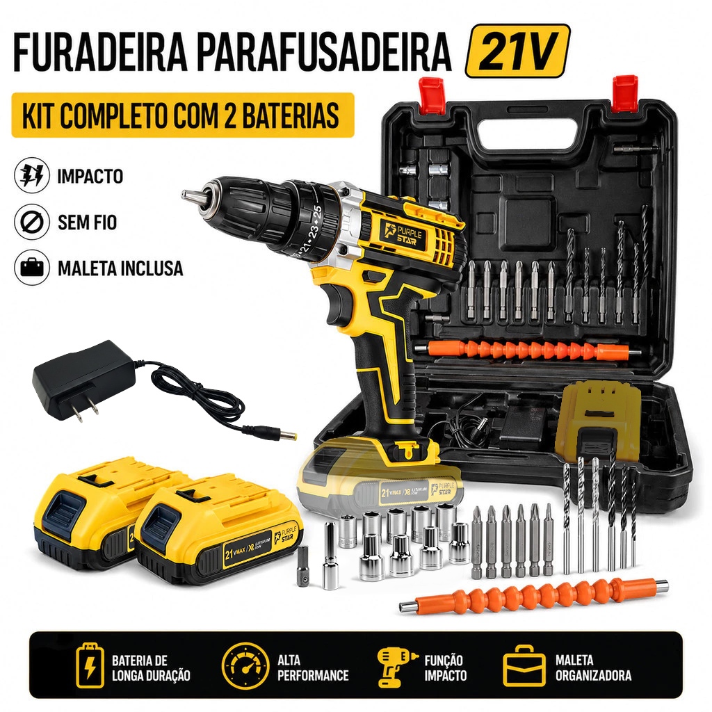 Parafusadeira Furadeira Elétrica 21V com 2 Baterias, Maleta e Kit Completo de Acessórios