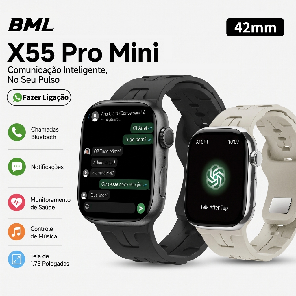 2026 Smartwatch X55Pro Mini 38MM Relógio Smartwatch GPS NFC Bussola Calculadora Chat GPT Receber Notificação Chamadas