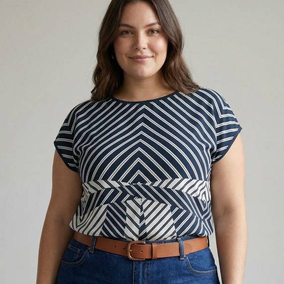 Blusa Feminina Estampada Azul Marinho Geométrica Moderna Casual Leve Confortável
