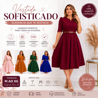 VESTIDO MIDI MALHA CREPE; MODA EVANGELICA ELEGANTE; ACINTURADO COM CINTO; CONGRESSO, CULTO; CRISTÃO.