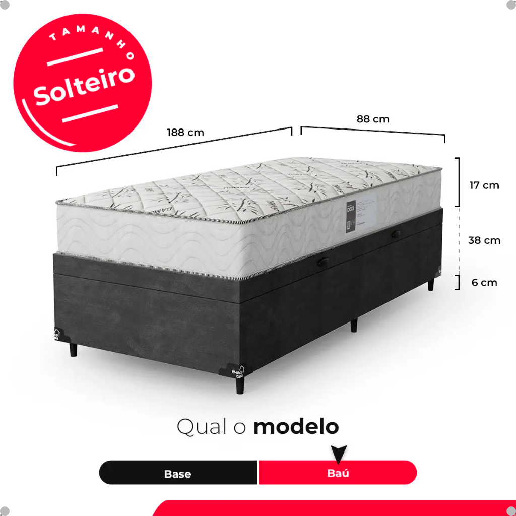 Cama Baú Solteiro Suede Cinza + Colchão D33 One Face Branco- e-Shop Casa · foto 2