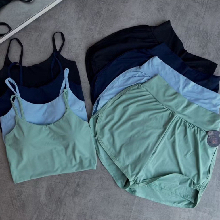 Conjunto Fitness Short Duplo Toque Gelado Poliamida Top Com Bojo Removível