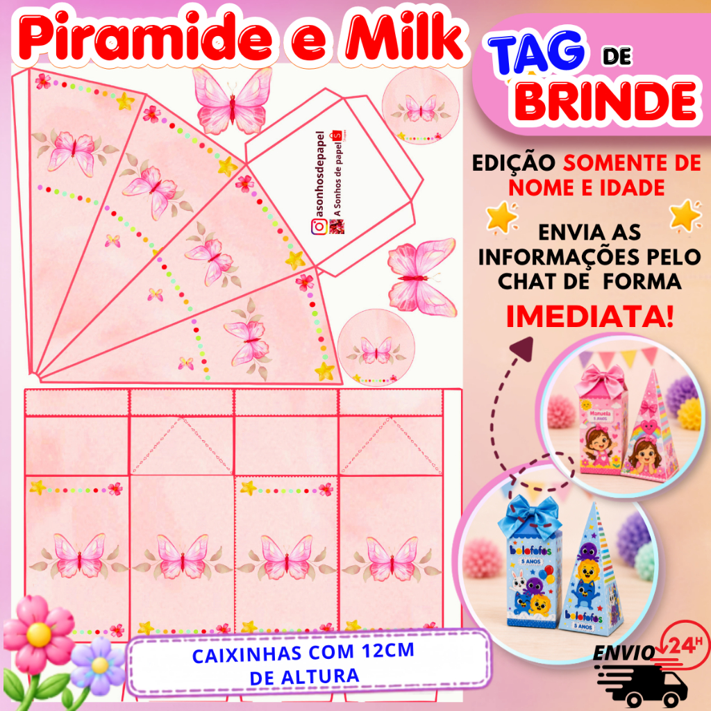 KIT CAIXA MILK / CAIXA PIRÂMIDE LEMBRANCINHA PERSONALIZADA TEMA: JARDIN DAS BORBOLETAS ROSA M1 l ENVIO RAPIDO