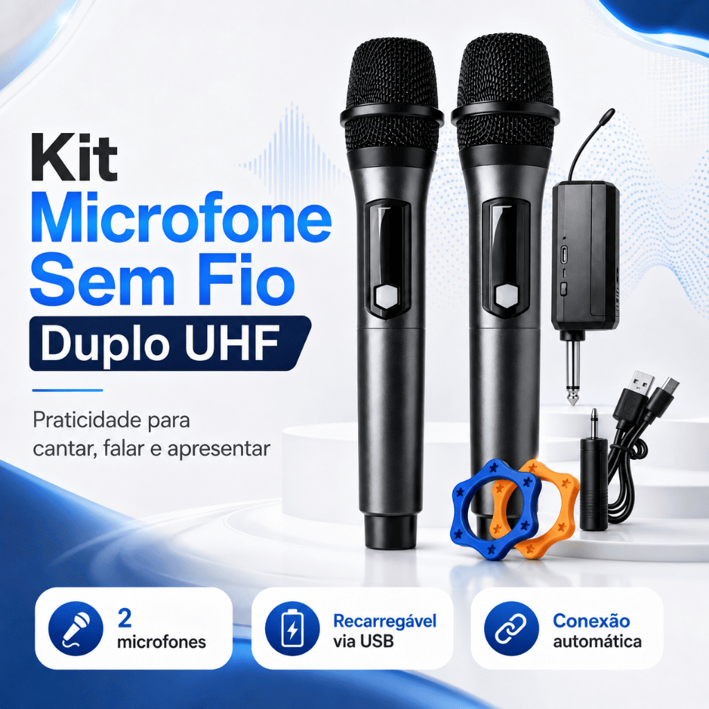 Kit 2 Microfones Profissional Sem Fio UHF Duplo Receptor P10 Karaokê Igreja Aula Palestra Evento Festa Apresentação