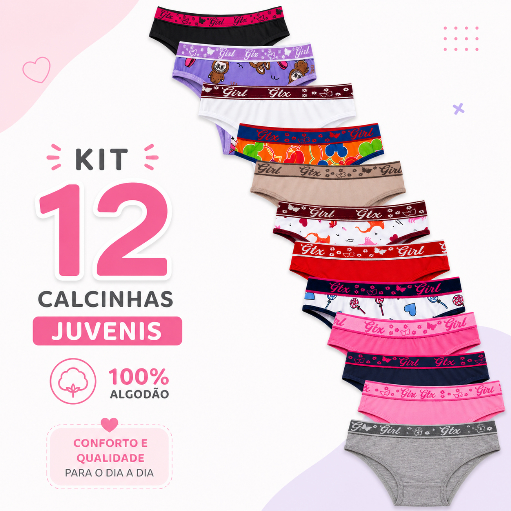 Kit 12 Calcinhas Menina Moça Juvenil em Algodão e Elástico Exposto