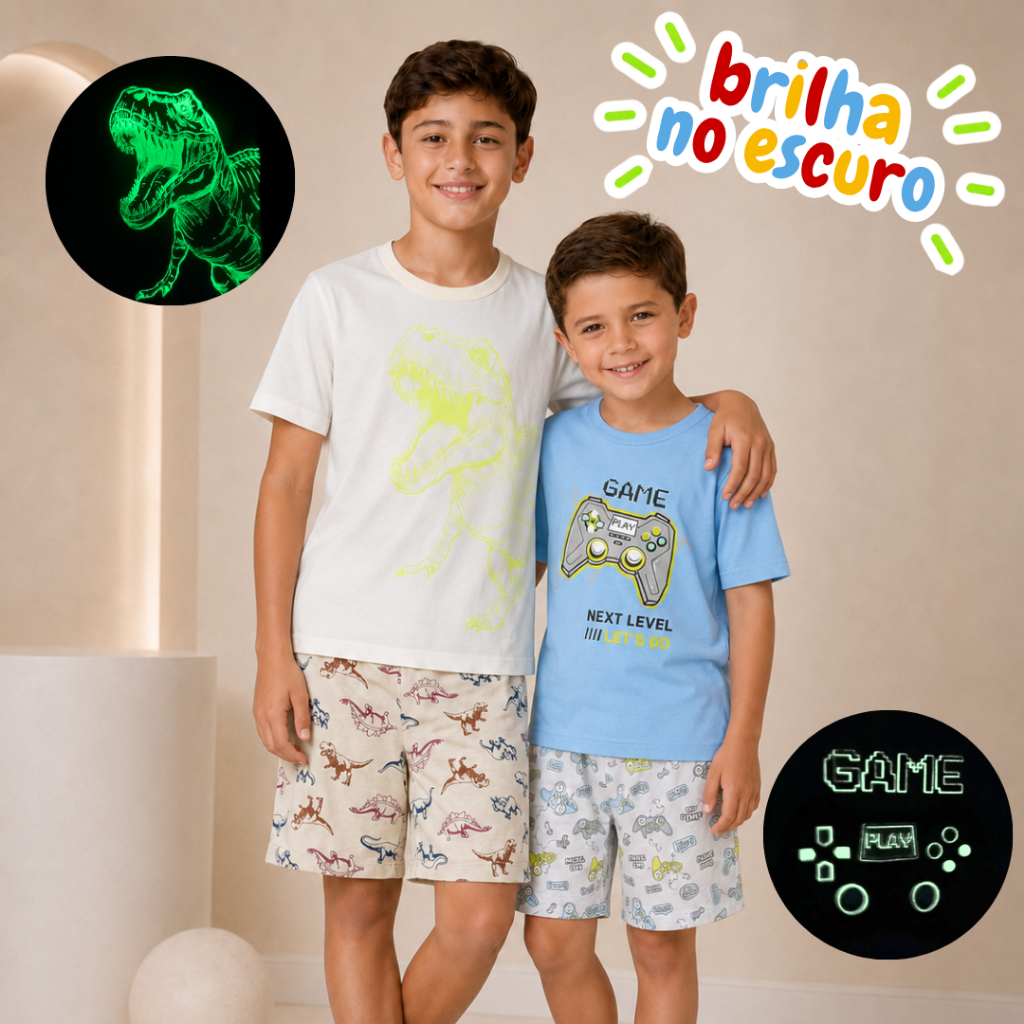 Pijama Meninos Brilha Escuro Adolescente Crianças Masculino Video Game Dinossauro Astrounauta Algodão Estampado Dormir