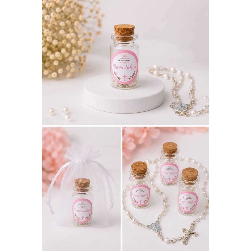 Lembrancinha de Batizado Personalizada com Nome | Mini Vidrinho com Terço e Saquinho de Organza | Kit 10 Unidades