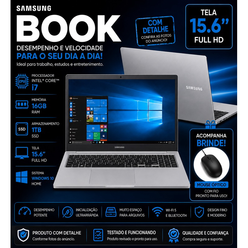 Notebook Samsung Book Intel Core i7 16GB RAM 1TB SSD 15,6” Full HD Windows 10 Co